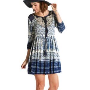 California MoonRise Blue Paisley Boho Cottagecore Tunic Mini Dress, Size…